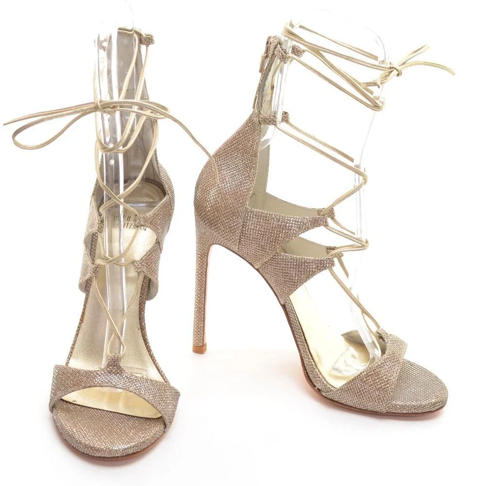 Ladies Stuart Weitzman Leg Wrap Gold Glitter Sandal 9 M